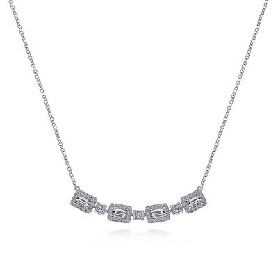 Gabriel & Co | 14K White Gold Rectangular Baguette and Diamond Halo Station Necklace