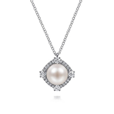 Gabriel & Co | 14K White Gold Cultured Pearl Pendant Necklace with Diamond Halo