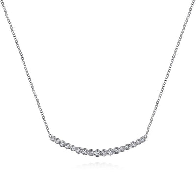 Gabriel & Co | 14K White Gold Curved Bar Necklace with Bezel Set Round Diamonds