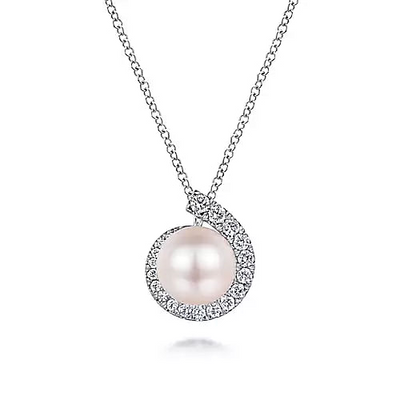 Gabriel & Co | 14K White Gold Round Pearl Pendant Necklace with Diamond Halo Swirl