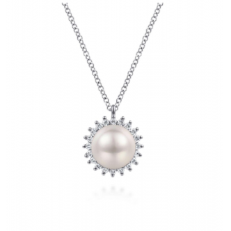 Gabriel & Co | 14K White Gold Pearl Halo Necklace