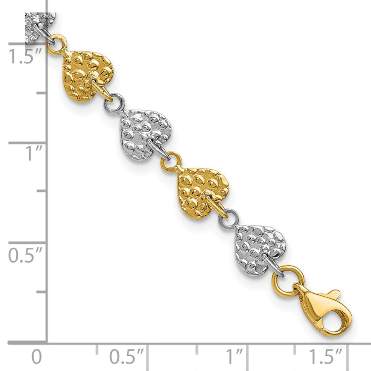 14K Two-tone Hammered Hearts Bracelet