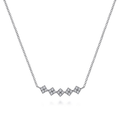 Gabriel & Co | 14K White Gold Square Station Diamond Pave Curved Bar Necklace