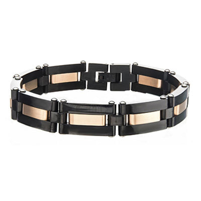 Men's Alternating Black Plated & Rose Gold Plated Link Bracelet. . Dim