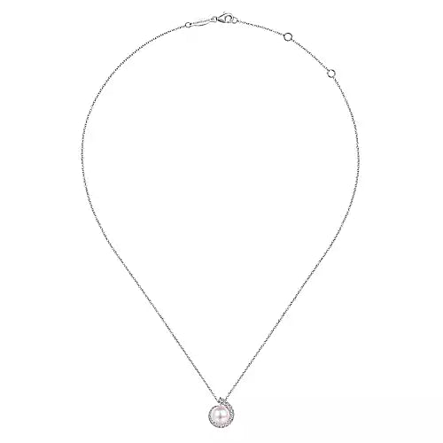 Gabriel & Co | 14K White Gold Round Pearl Pendant Necklace with Diamond Halo Swirl