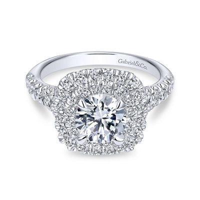 18k White Gold Cushion Double Halo Round Diamond Engagement Ring