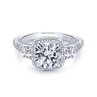 Platinum Cushion Three Stone Halo Round Diamond Engagement Ring