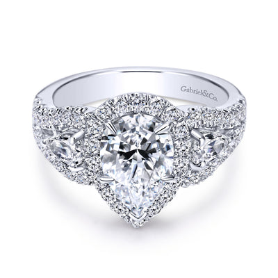 Platinum Pear Shape Three Stone Halo Diamond Engagement Ring