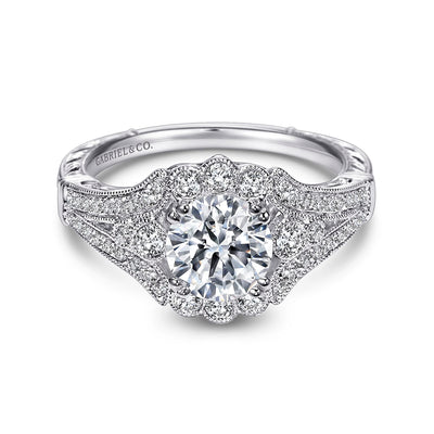 Unique Platinum Vintage Inspired Halo Diamond Engagement Ring