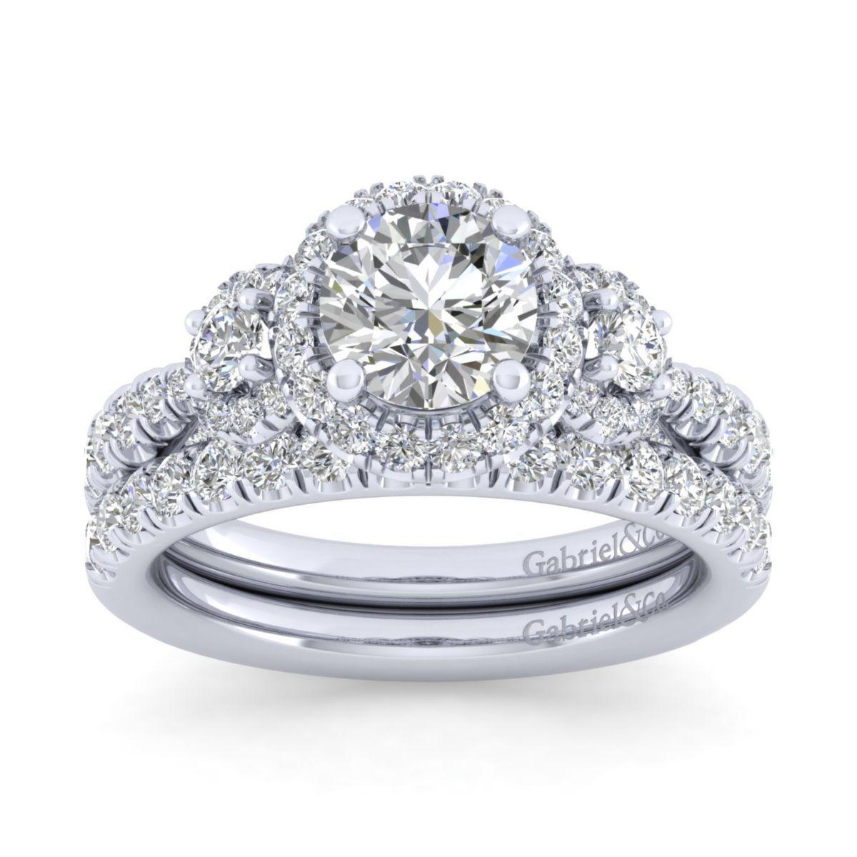 Gabriel & Co. 14k White Gold Entwined Three Stones Halo Engagement Ring