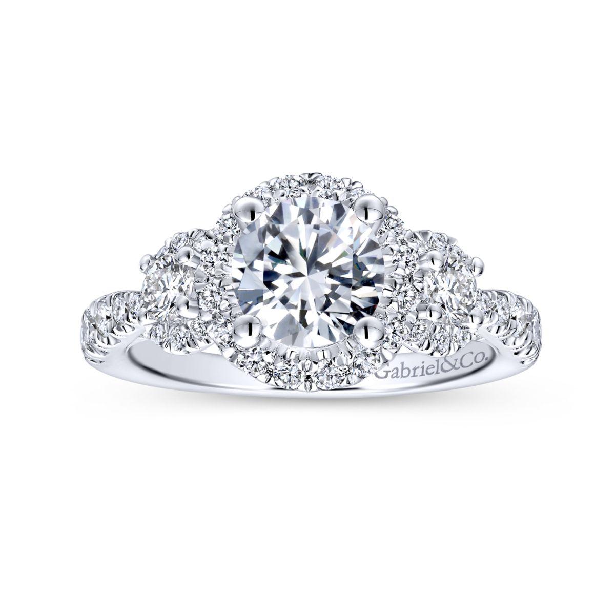 Gabriel & Co. 14k White Gold Entwined Three Stones Halo Engagement Ring