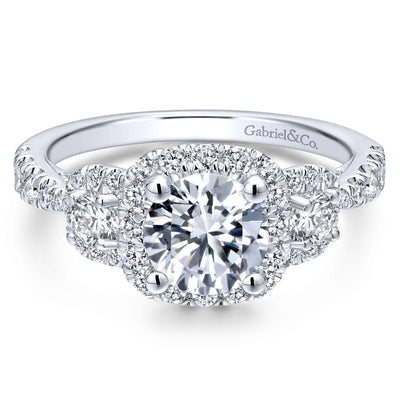 Gabriel & Co. 14k White Gold Entwined Three Stones Halo Engagement Ring