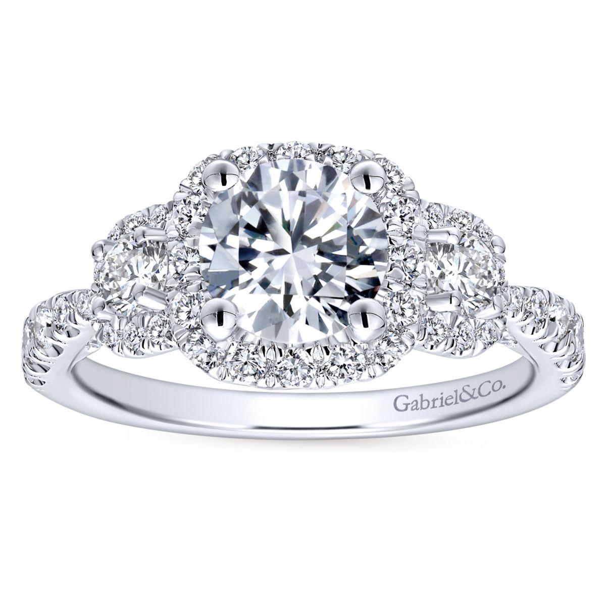 Gabriel & Co. 14k White Gold Entwined Three Stones Halo Engagement Ring