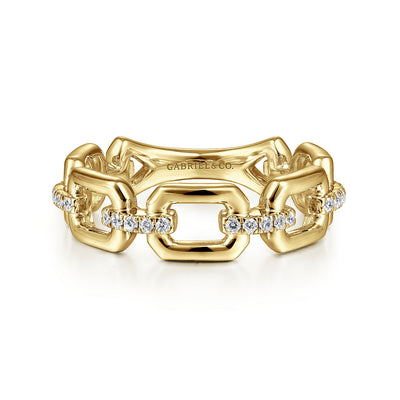 14K Yellow Gold Chain Link Stackable Ring Band with Diamond Connectors