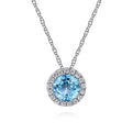 14K White Gold Round Swiss Blue Topaz and Diamond Halo Pendant Necklace