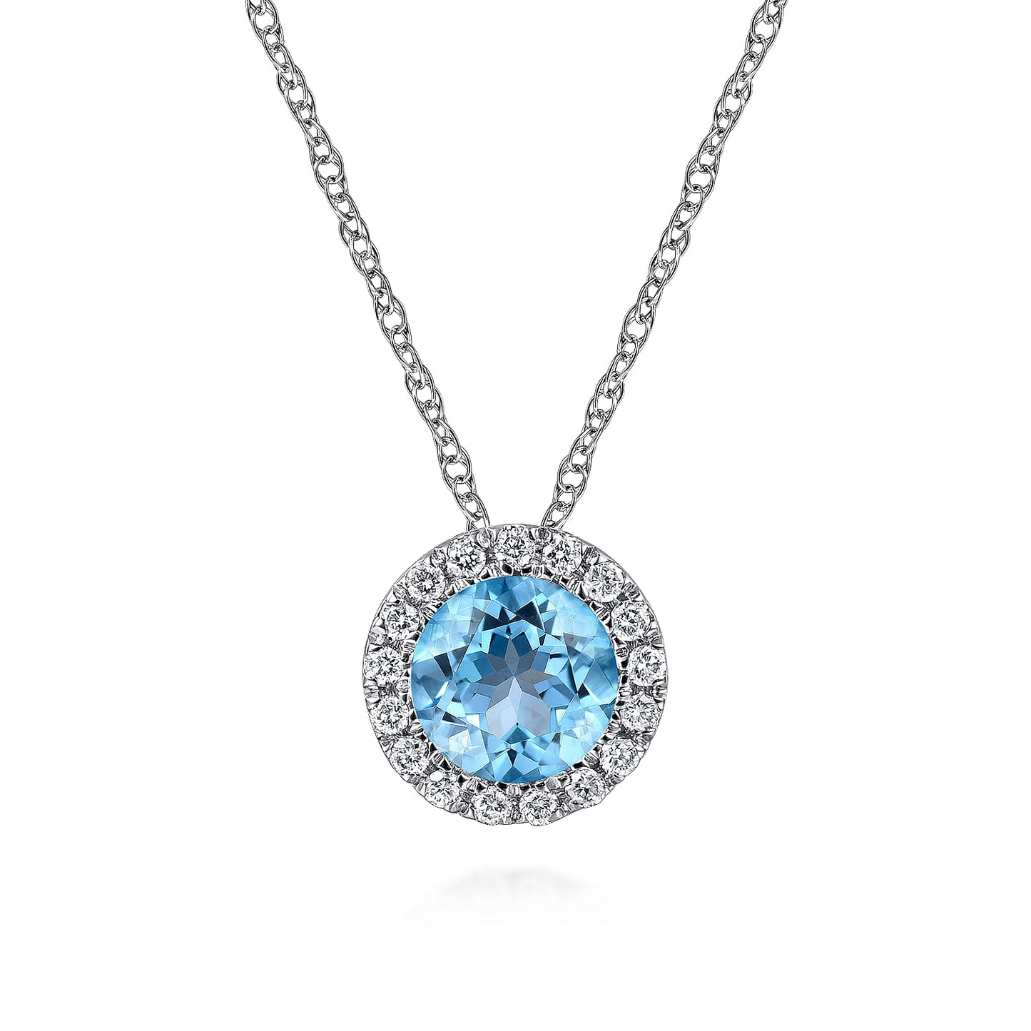 14K White Gold Round Swiss Blue Topaz and Diamond Halo Pendant Necklace