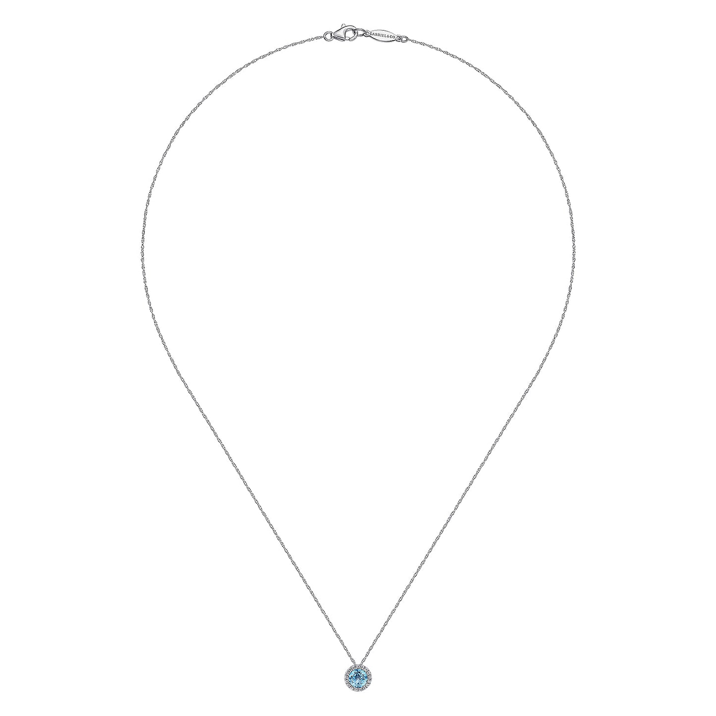 14K White Gold Round Swiss Blue Topaz and Diamond Halo Pendant Necklace