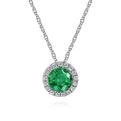 14K White Gold Emerald and Diamond Halo Pendant Necklace