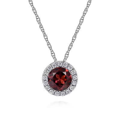 14K White Gold Garnet and Diamond Halo Pendant Necklace