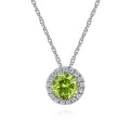 14K White Gold Peridot and Diamond Halo Pendant Necklace