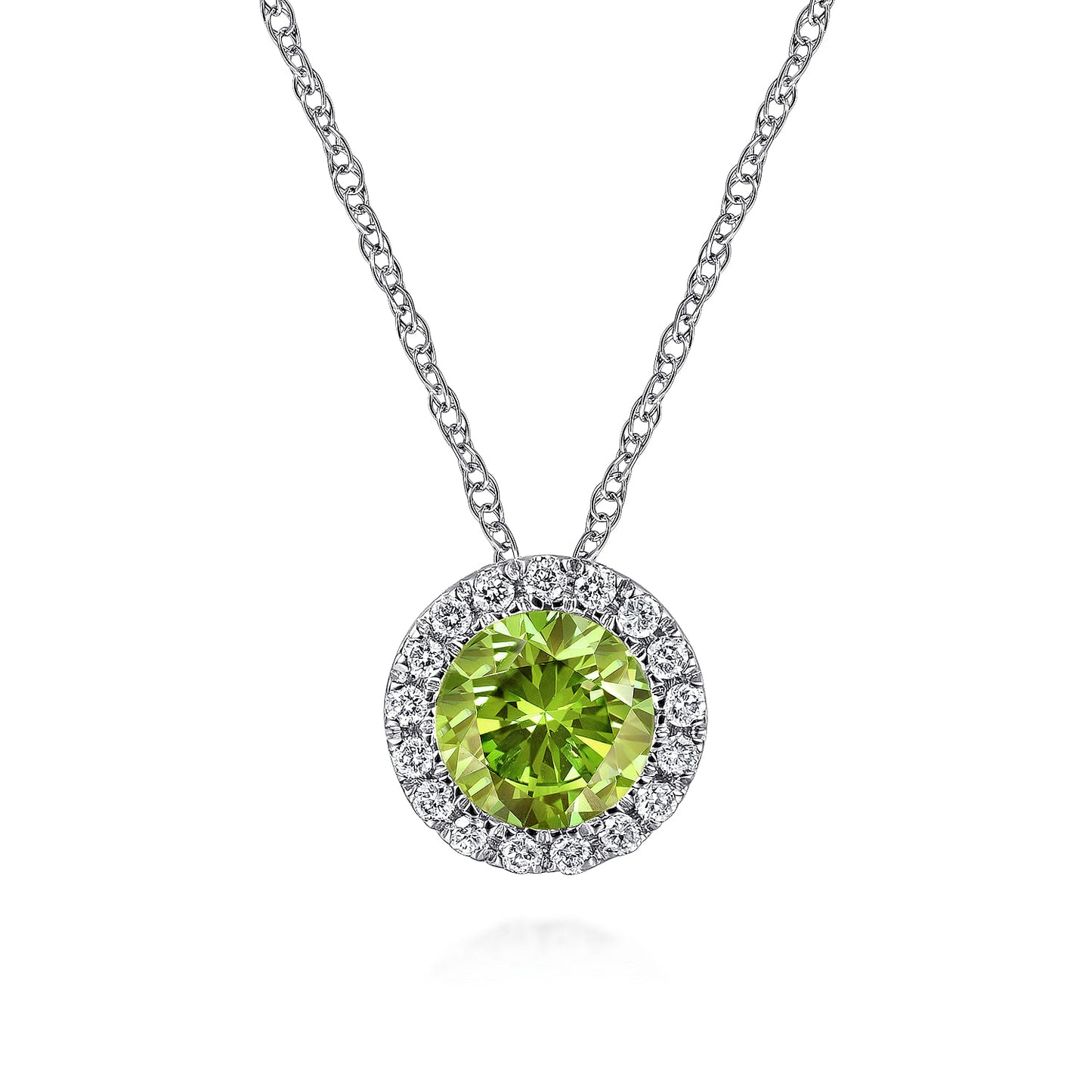 14K White Gold Peridot and Diamond Halo Pendant Necklace