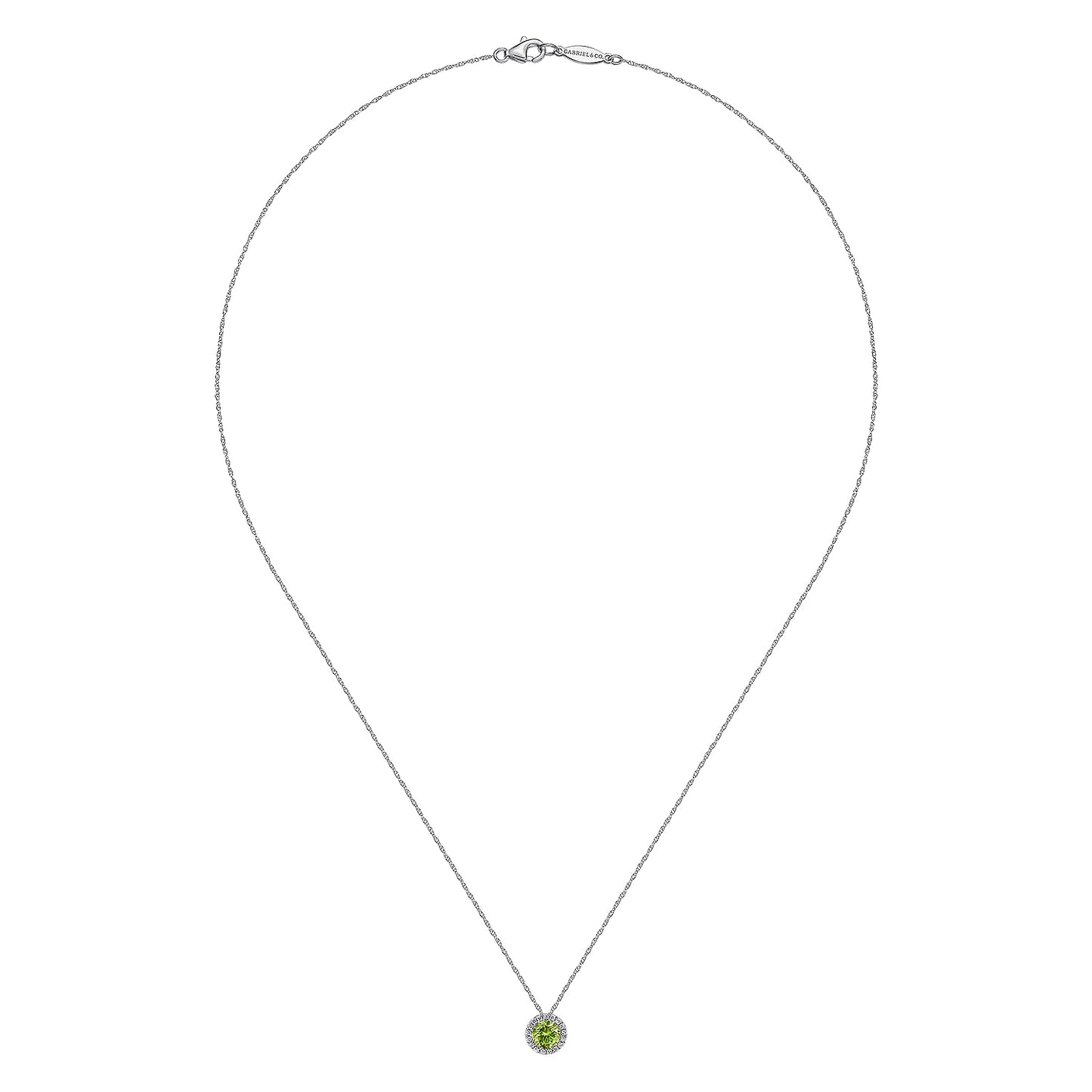 14K White Gold Peridot and Diamond Halo Pendant Necklace