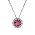 14K White Gold Ruby and Diamond Halo Pendant Necklace