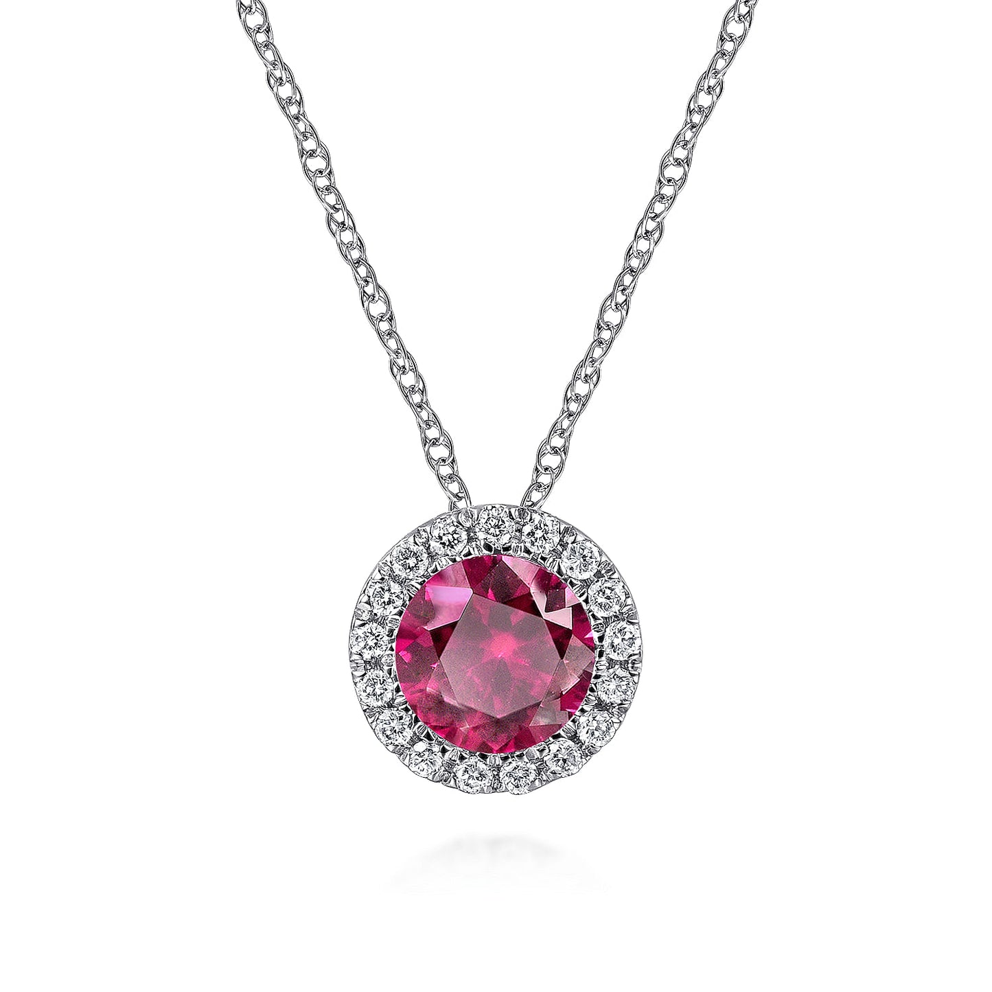 14K White Gold Ruby and Diamond Halo Pendant Necklace