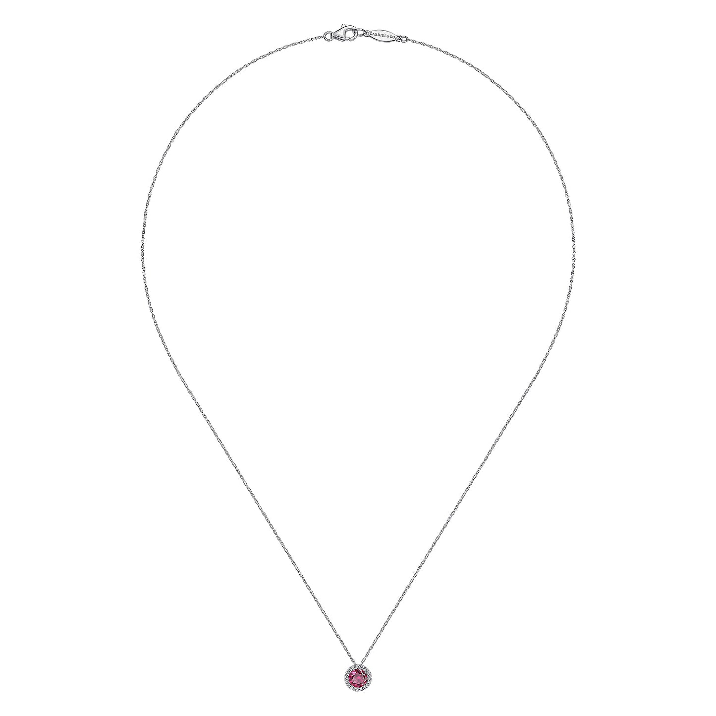 14K White Gold Ruby and Diamond Halo Pendant Necklace