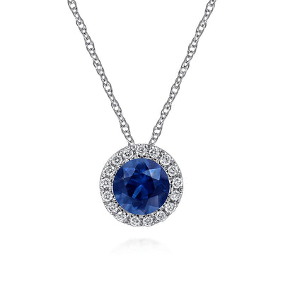 14K White Gold Sapphire and Diamond Halo Pendant Necklace