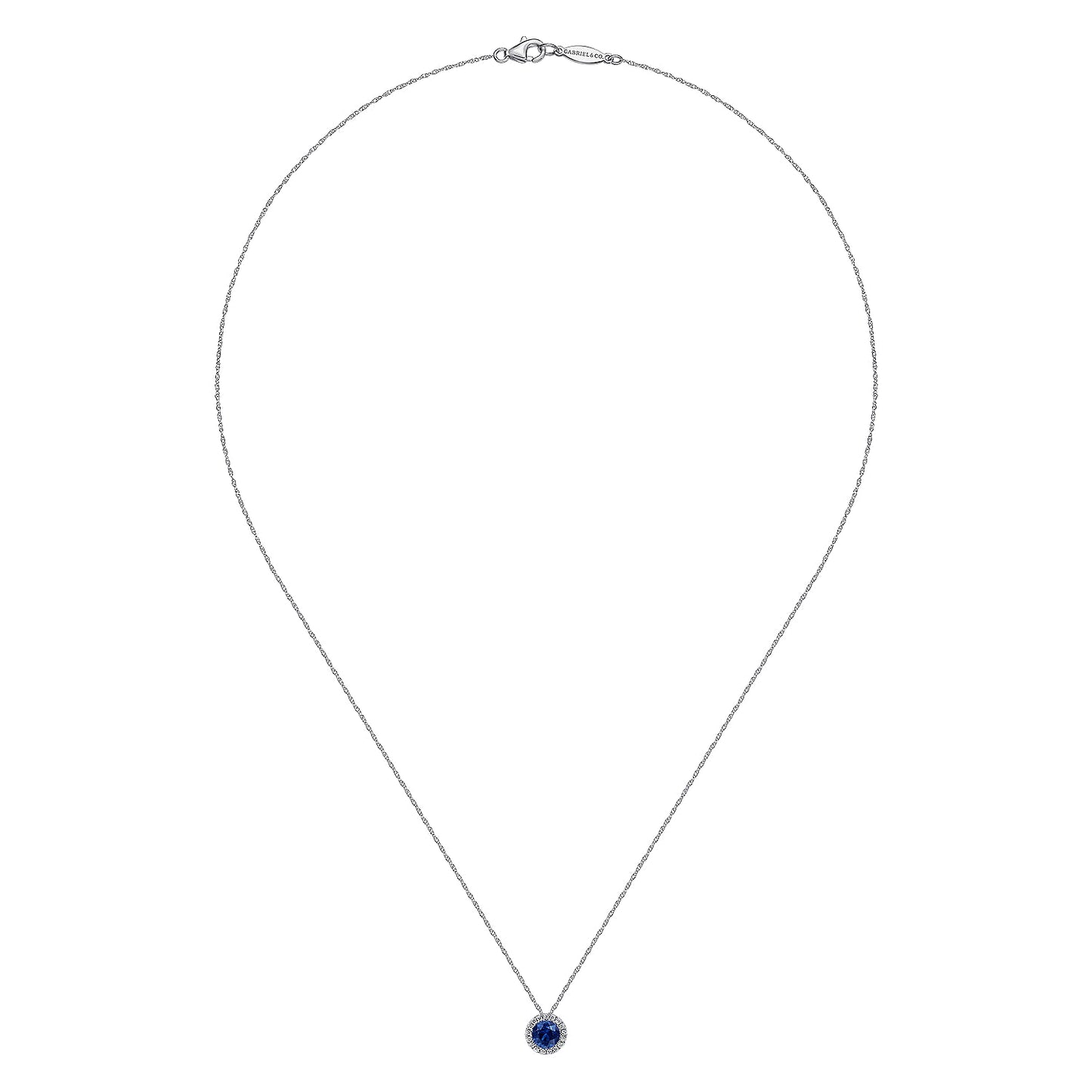 14K White Gold Sapphire and Diamond Halo Pendant Necklace