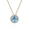 14K Yellow Gold Round Swiss Blue Topaz and Diamond Halo Pendant Necklace