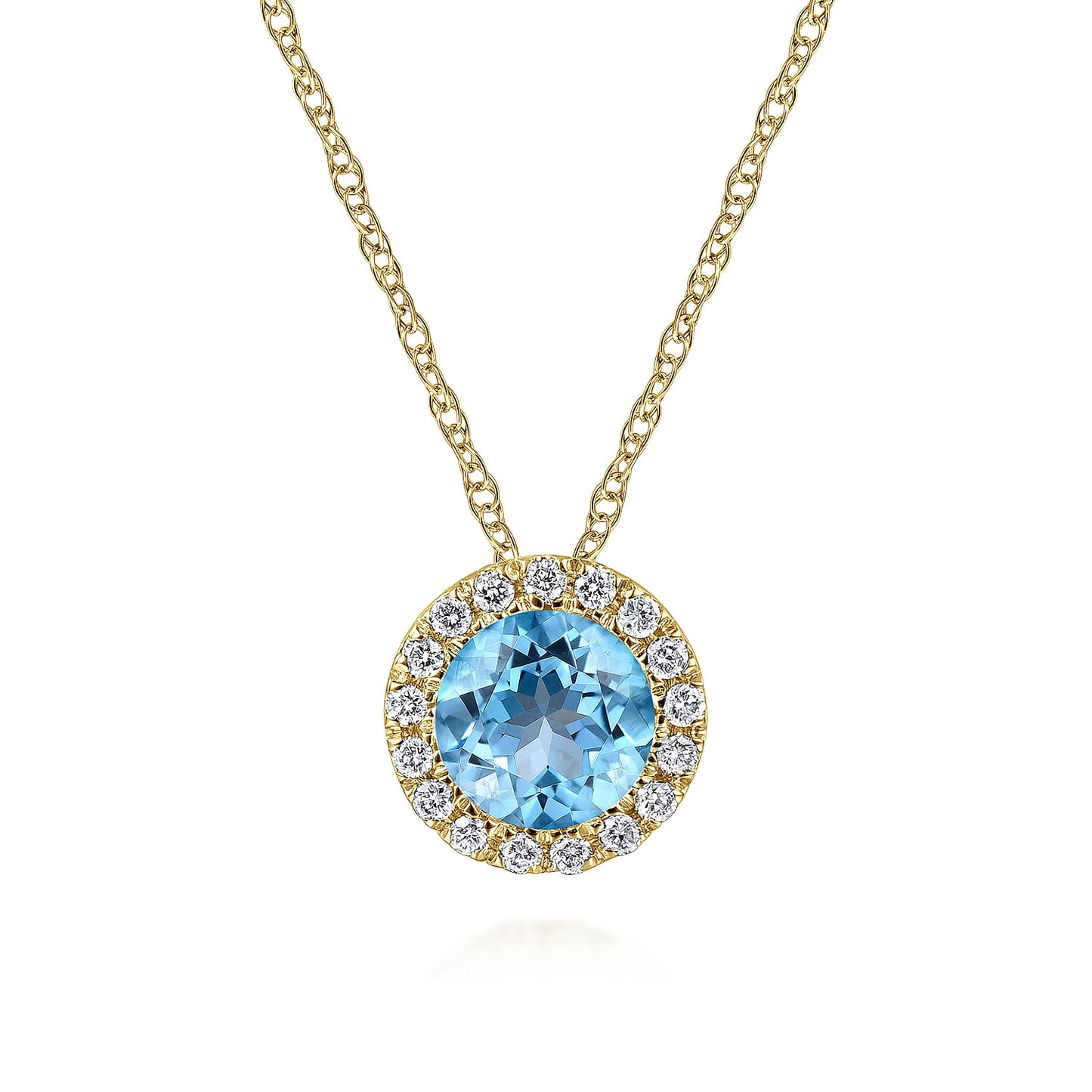 14K Yellow Gold Round Swiss Blue Topaz and Diamond Halo Pendant Necklace