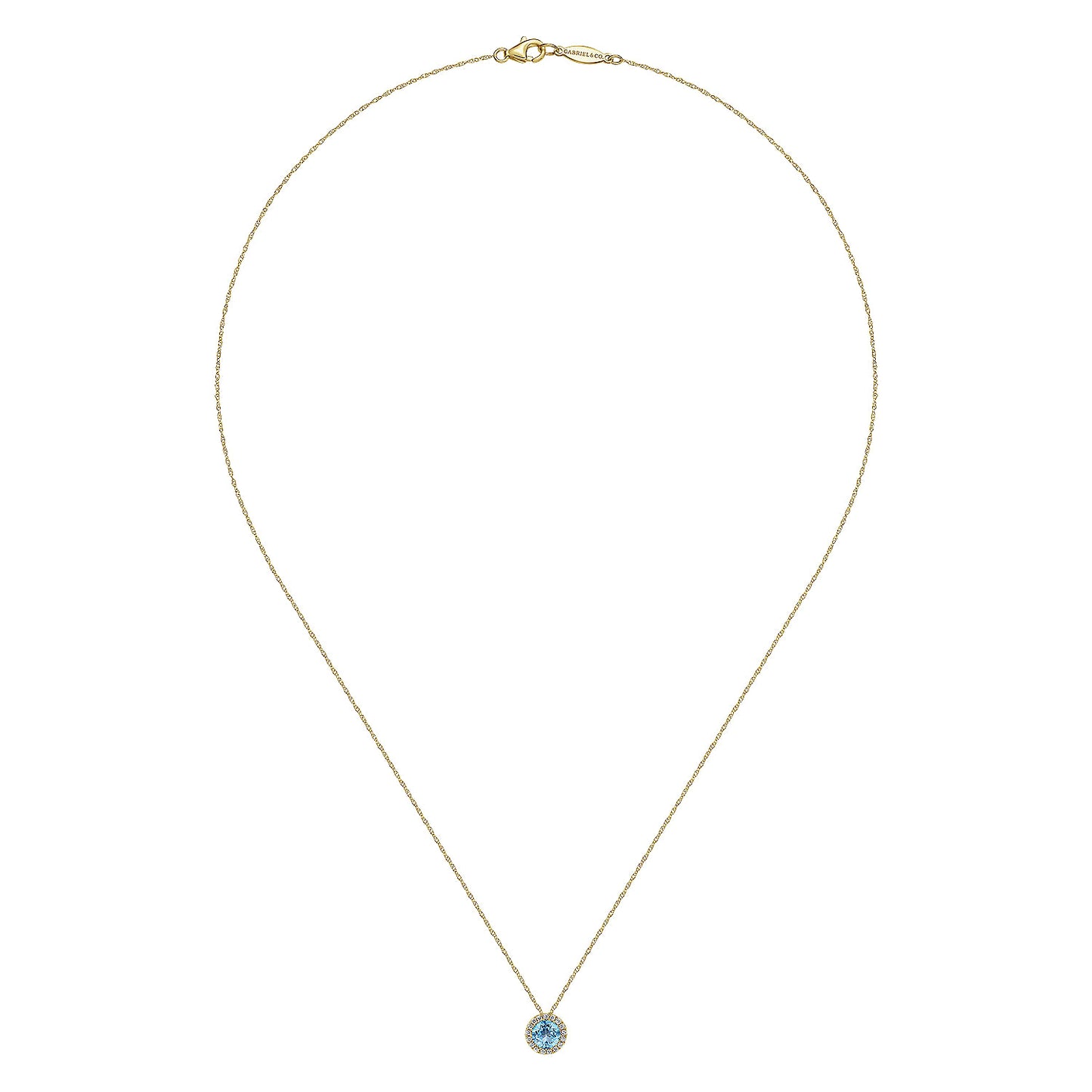 14K Yellow Gold Round Swiss Blue Topaz and Diamond Halo Pendant Necklace