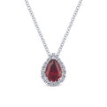 18 inch 14K White Gold Pear Shaped Ruby and Diamond Halo Pendant Necklace