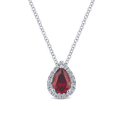 18 inch 14K White Gold Pear Shaped Ruby and Diamond Halo Pendant Necklace