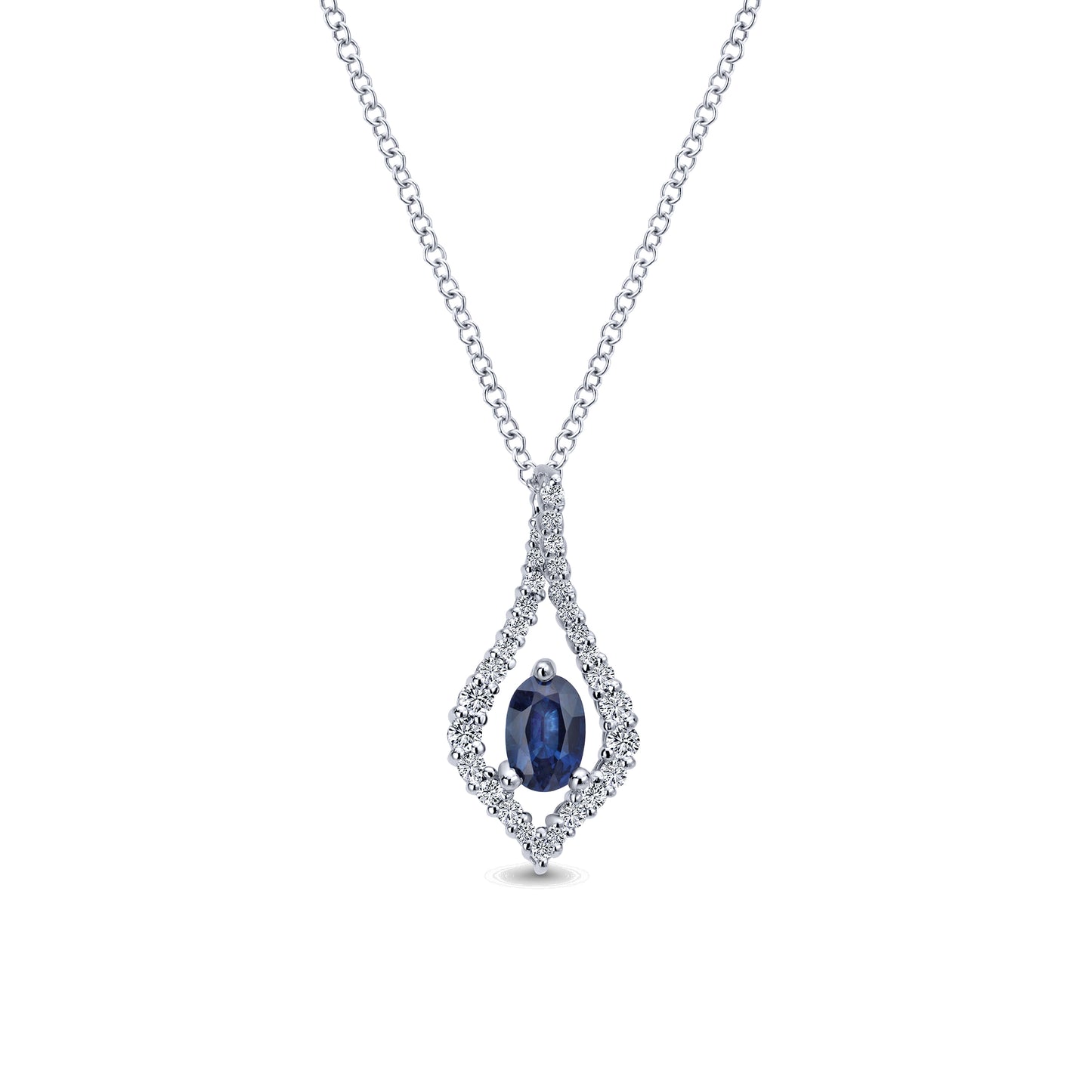 14K White Gold Floating Oval Sapphire Diamond Teardrop Pendant Necklace