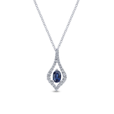 14K White Gold Floating Oval Sapphire Diamond Teardrop Pendant Necklace