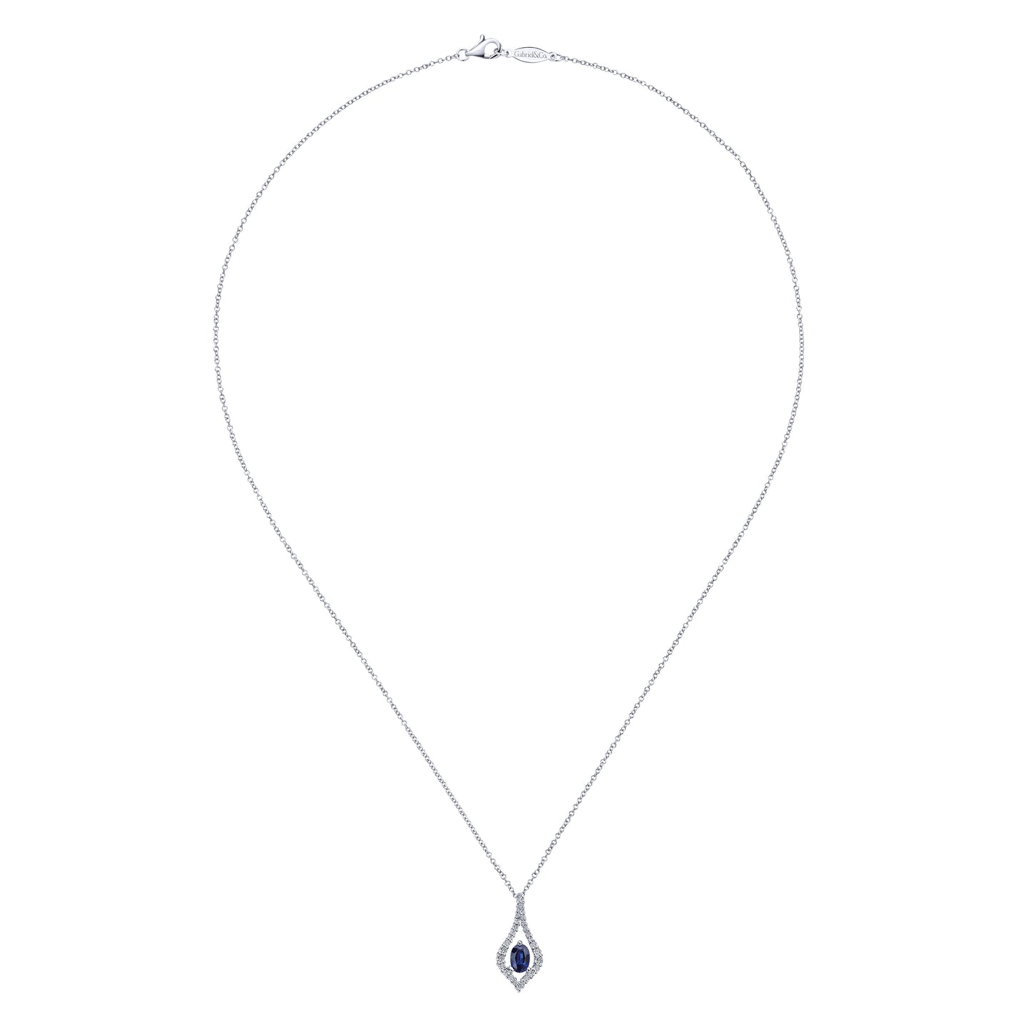 14K White Gold Floating Oval Sapphire Diamond Teardrop Pendant Necklace