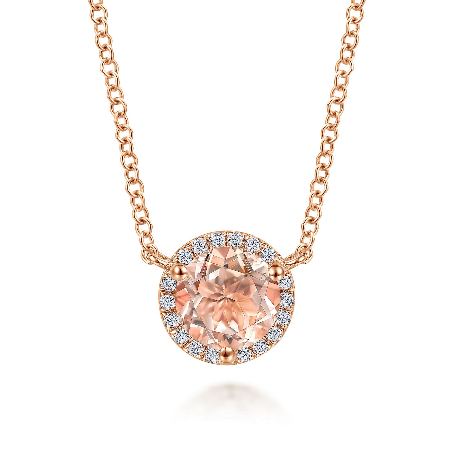 14K Rose Gold Round Morganite and Diamond Halo Pendant Necklace