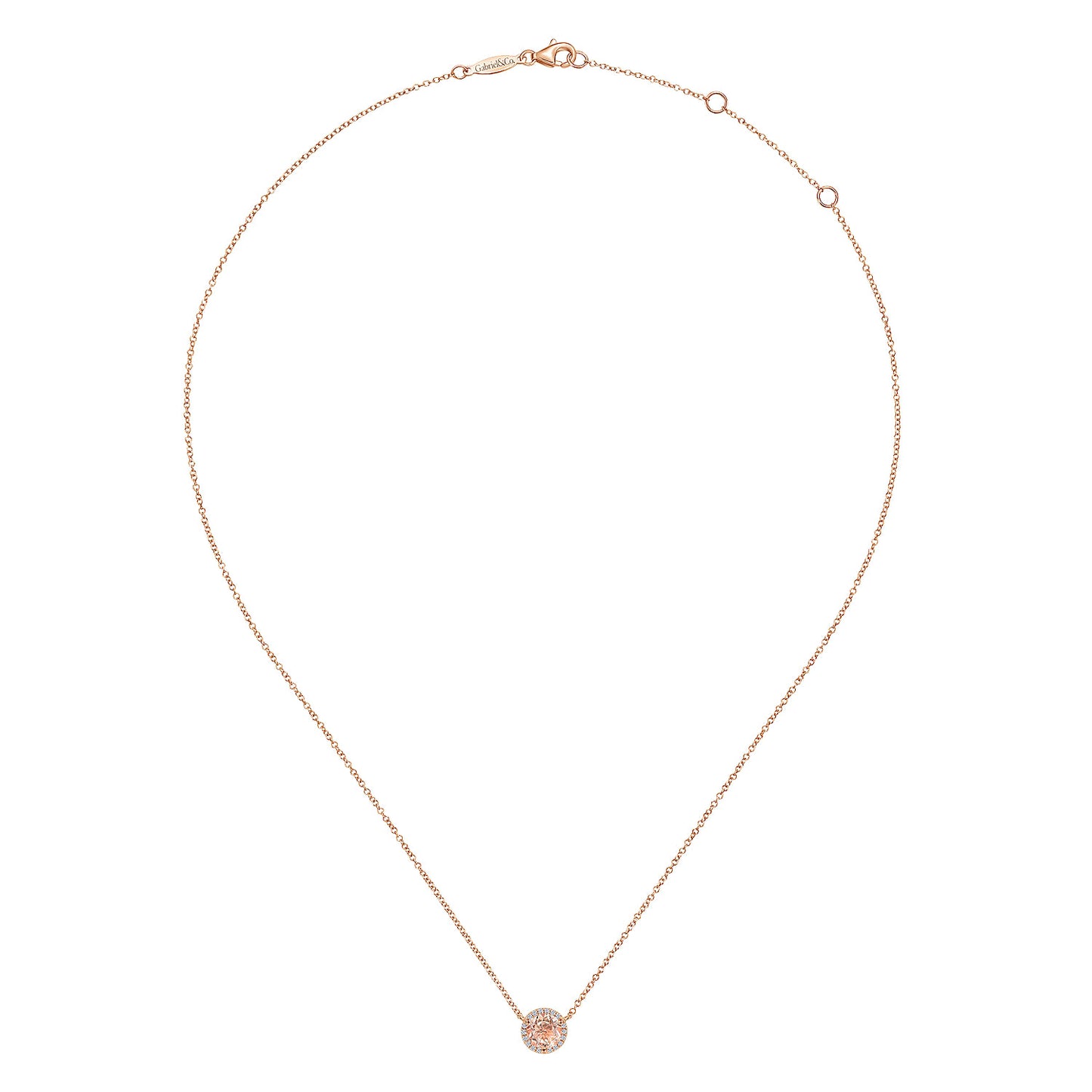 14K Rose Gold Round Morganite and Diamond Halo Pendant Necklace