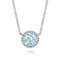 14K White Gold Round Aquamarine and Diamond Halo Pendant Necklace