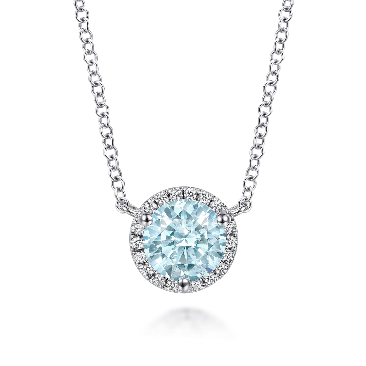 14K White Gold Round Aquamarine and Diamond Halo Pendant Necklace