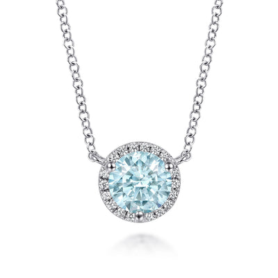 14K White Gold Round Aquamarine and Diamond Halo Pendant Necklace