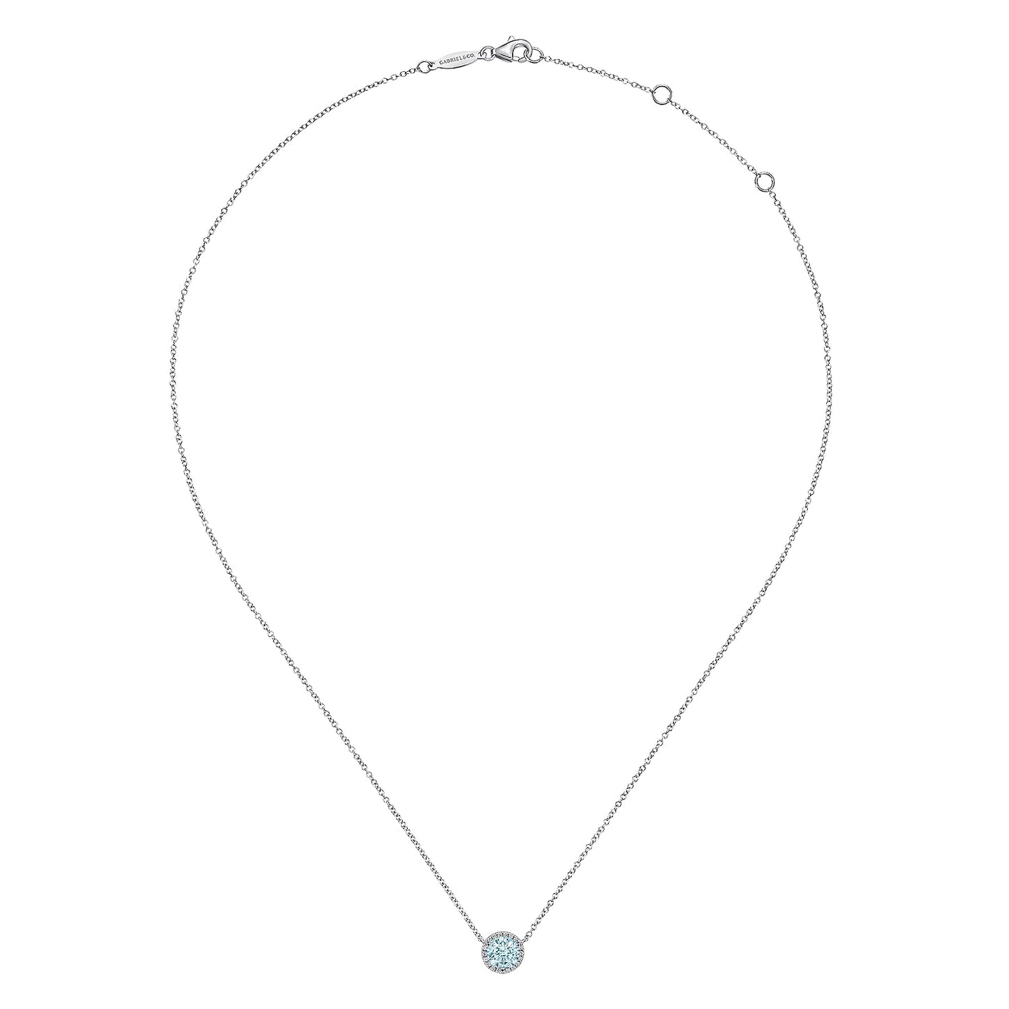 14K White Gold Round Aquamarine and Diamond Halo Pendant Necklace