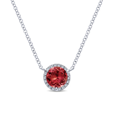 14K White Gold Round Garnet and Diamond Halo Pendant Necklace