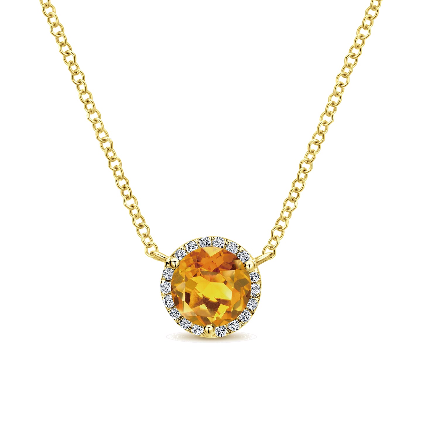 14K Yellow Gold Round Citrine and Diamond Halo Pendant Necklace