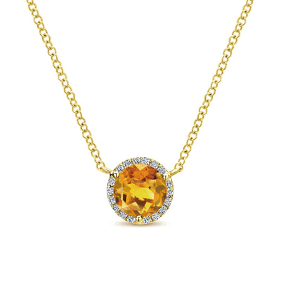 14K Yellow Gold Round Citrine and Diamond Halo Pendant Necklace