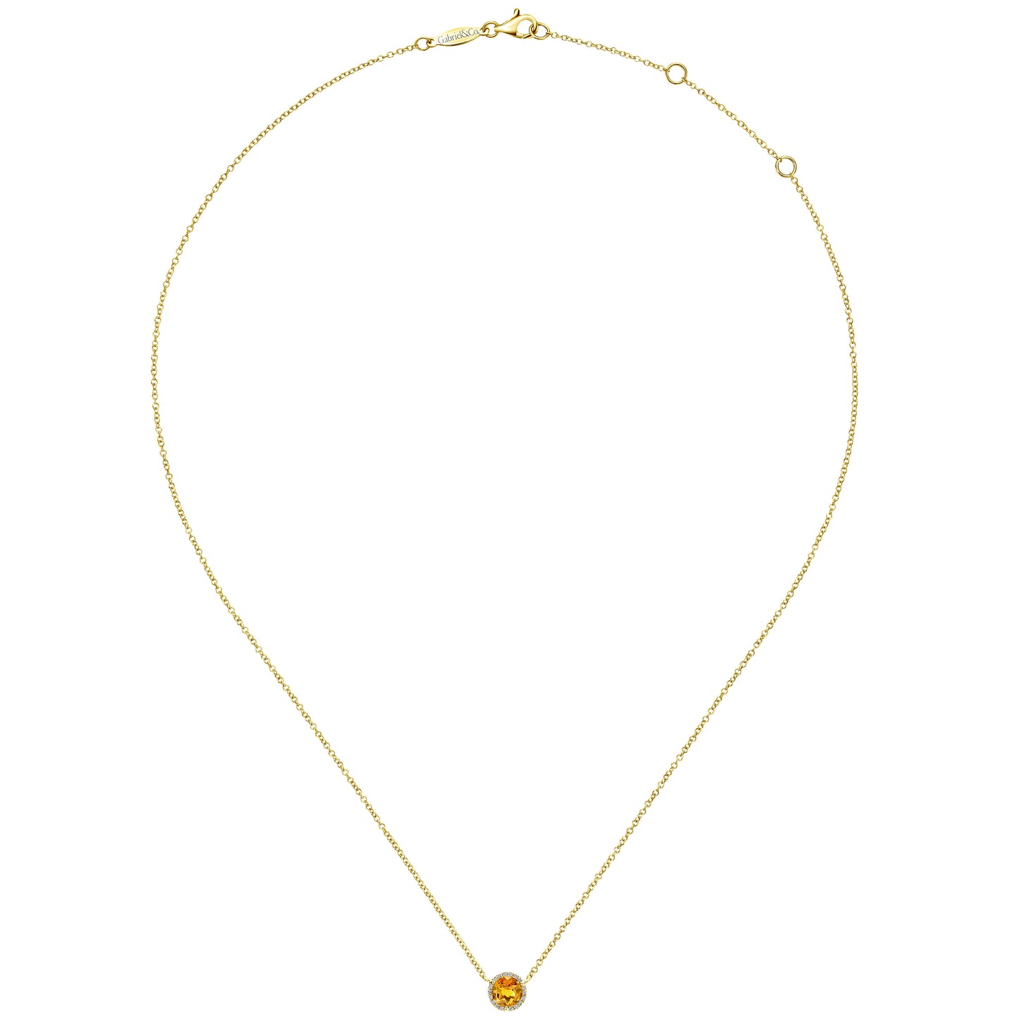 14K Yellow Gold Round Citrine and Diamond Halo Pendant Necklace