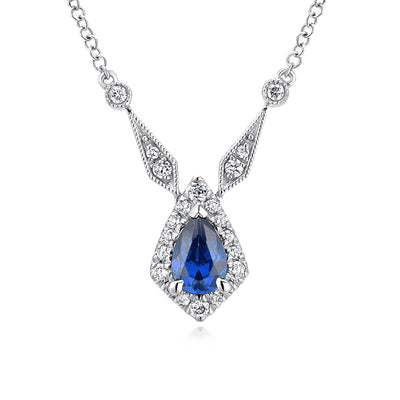 Vintage Inspired 14K White Gold Teardrop Sapphire and Diamond Halo Pendant Necklace